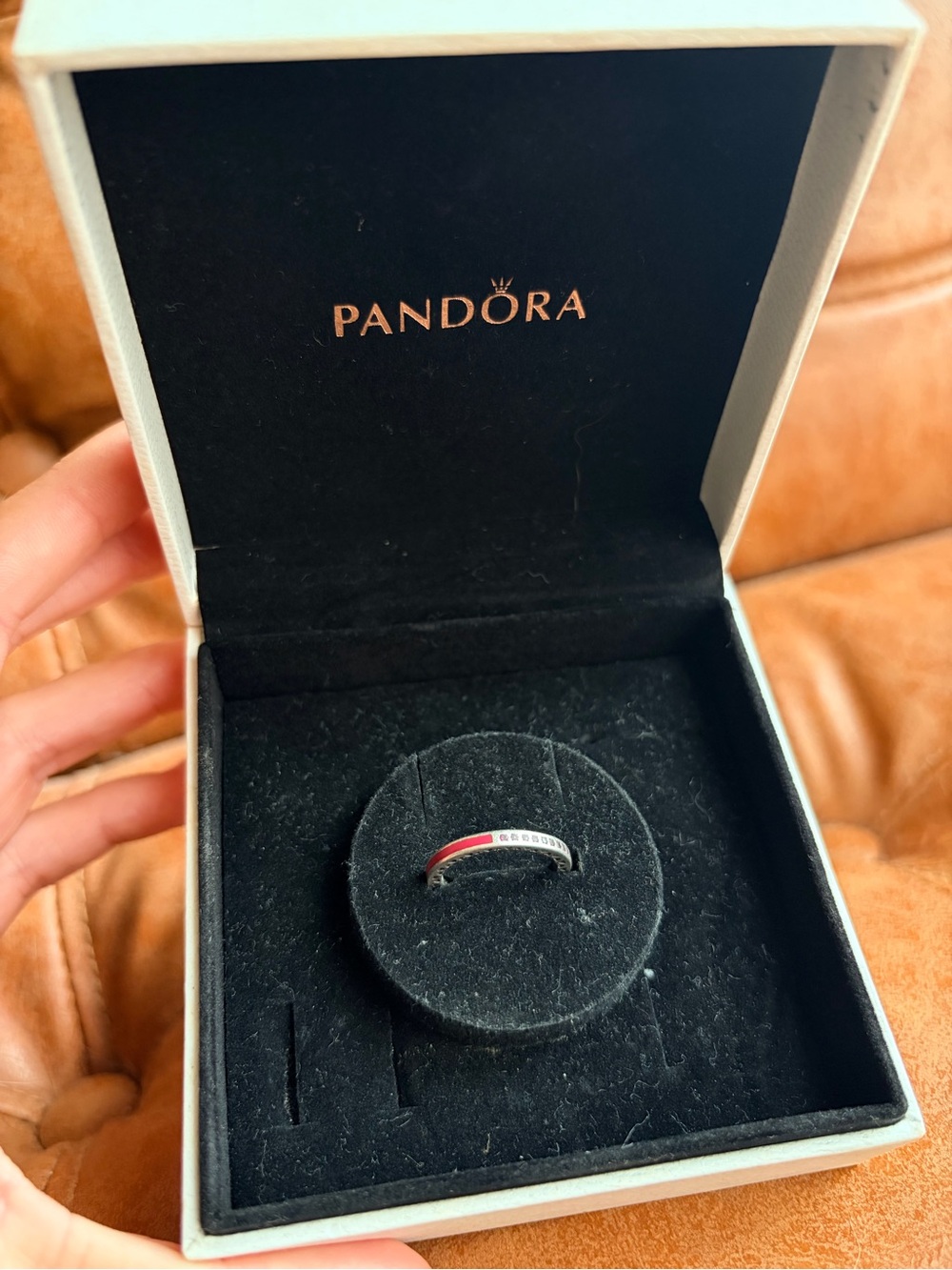 Pandora Sterling Silver Red Enamel & Cubic Zirconia Band size 5
